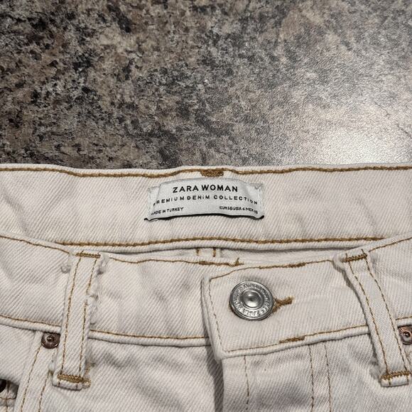 Zara Jeans Flare Minimalist Retro Utility Crop Casual Button Fly Raw Hem Ivory 4 - Picture 2 of 4